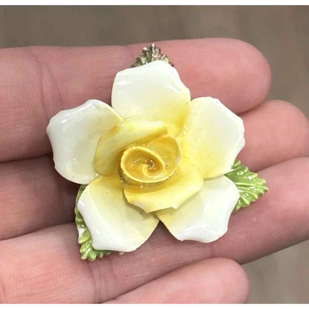 Vintage Porcelain Flower Brooch Made In England Yellow White Rose Bone China
